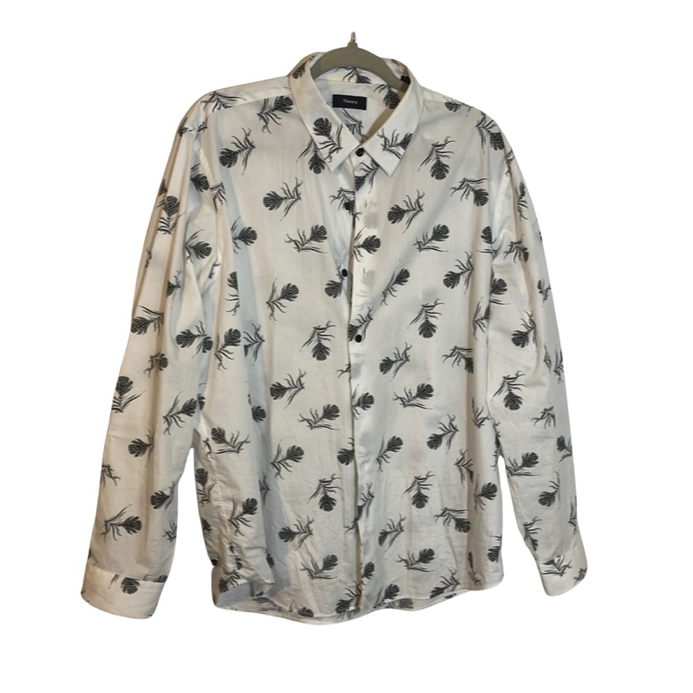 Theory Feather Print Button-Up – Bold & Unique. 24” pit to pit